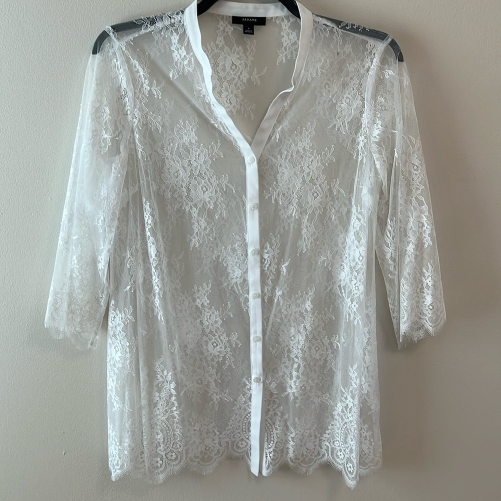 Alfani blouse swimsuit cover up womens white tunic sheer lace floral button up S